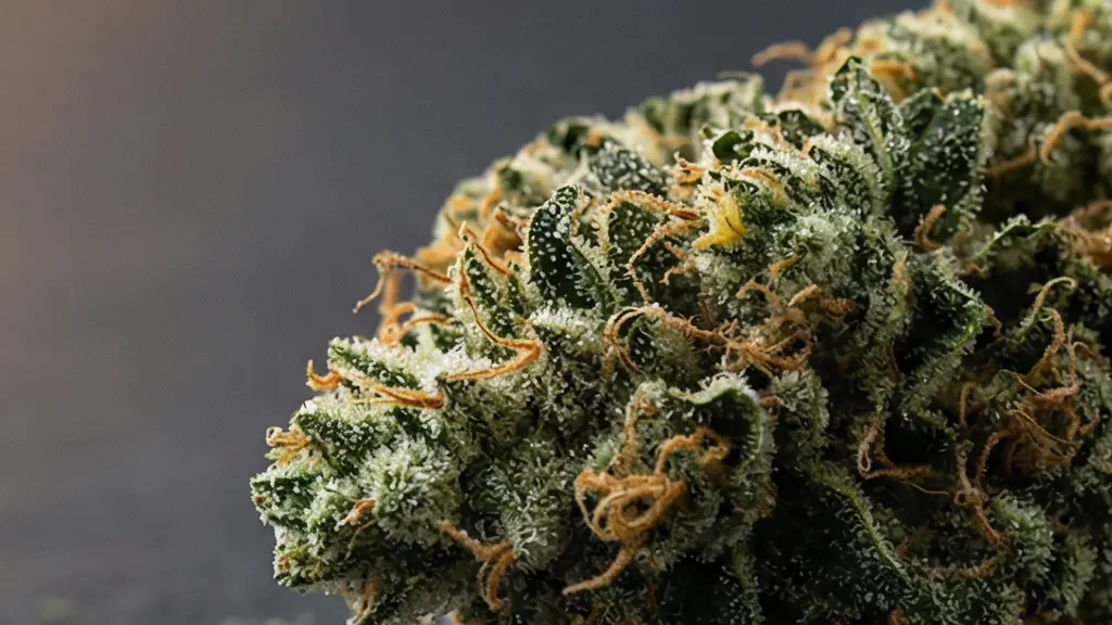 Gros plan sur une fleur de CBD dense recouverte de trichomes cristallins brillants sous une lumière naturelle douce