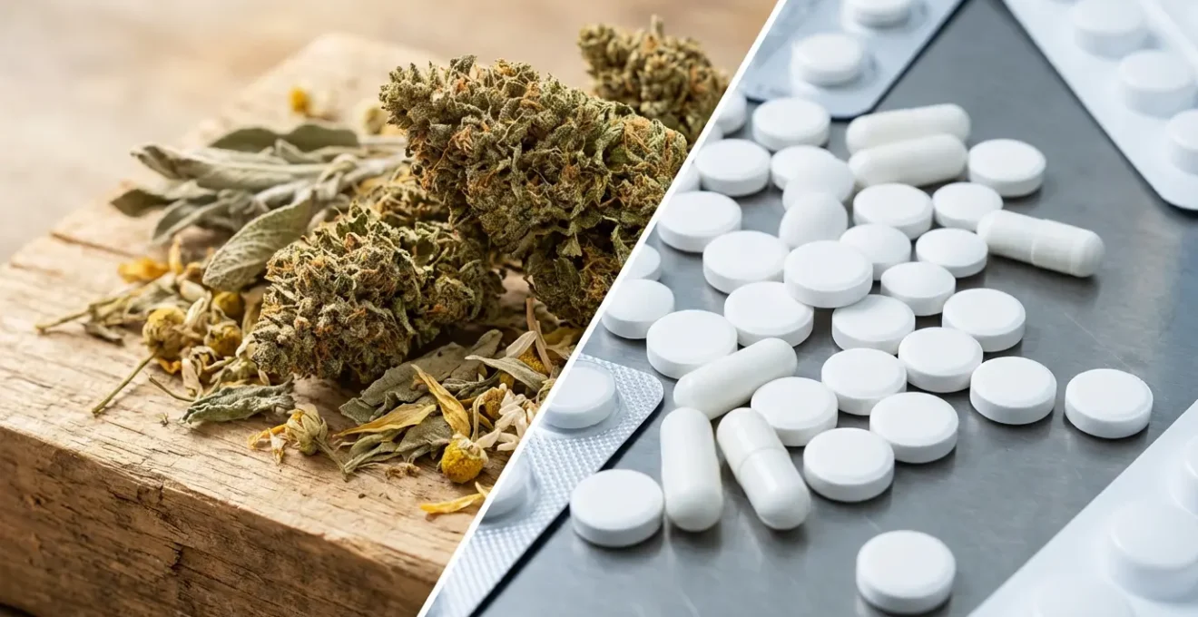 Composition naturelle comparant visuellement les fleurs de CBD brutes et les médicaments dans un environnement zen