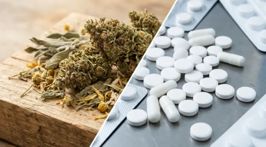 Composition naturelle comparant visuellement les fleurs de CBD brutes et les médicaments dans un environnement zen