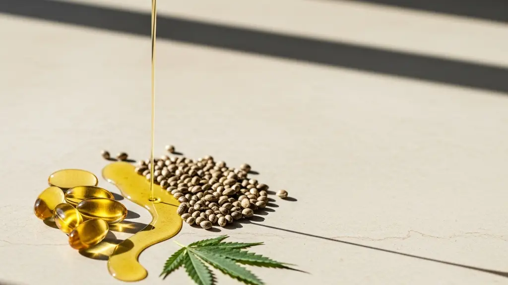 Photographie minimaliste grand angle de capsules dorees d'omega-3 et de graines de chanvre disposees sur une surface en pierre claire, symbolisant la synergie entre acides gras et systeme endocannabinoide