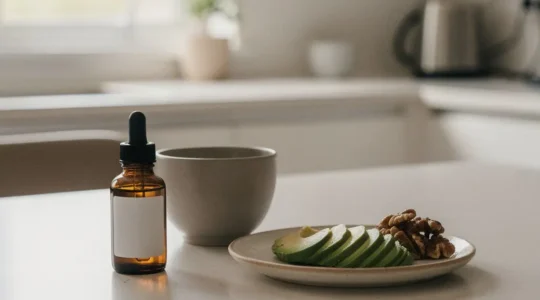Bouteille d'huile de CBD sans marque près d'une tasse, sur une table baignée d'une lumière naturelle, avec un grand espace vide pour le titre.