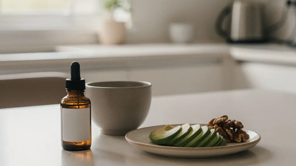 Bouteille d'huile de CBD sans marque près d'une tasse, sur une table baignée d'une lumière naturelle, avec un grand espace vide pour le titre.