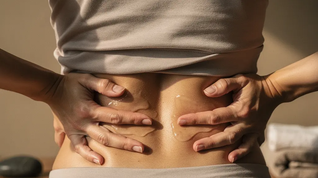 Mains appliquant un gel transparent sur la zone lombaire d'une femme, avec un éclairage doux et naturel mettant en valeur le geste thérapeutique de l'automassage.