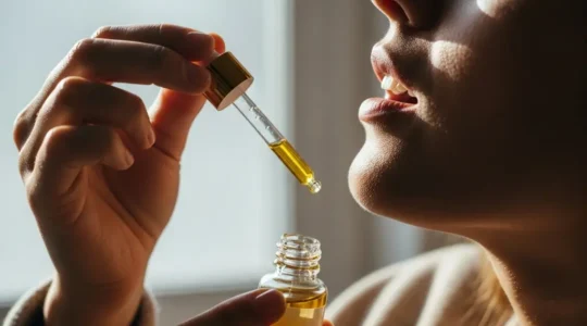 Plan rapproché d'un homme appliquant une goutte d'huile sous la langue avec une pipette, éclairage naturel et doux, rendu photographique réaliste.