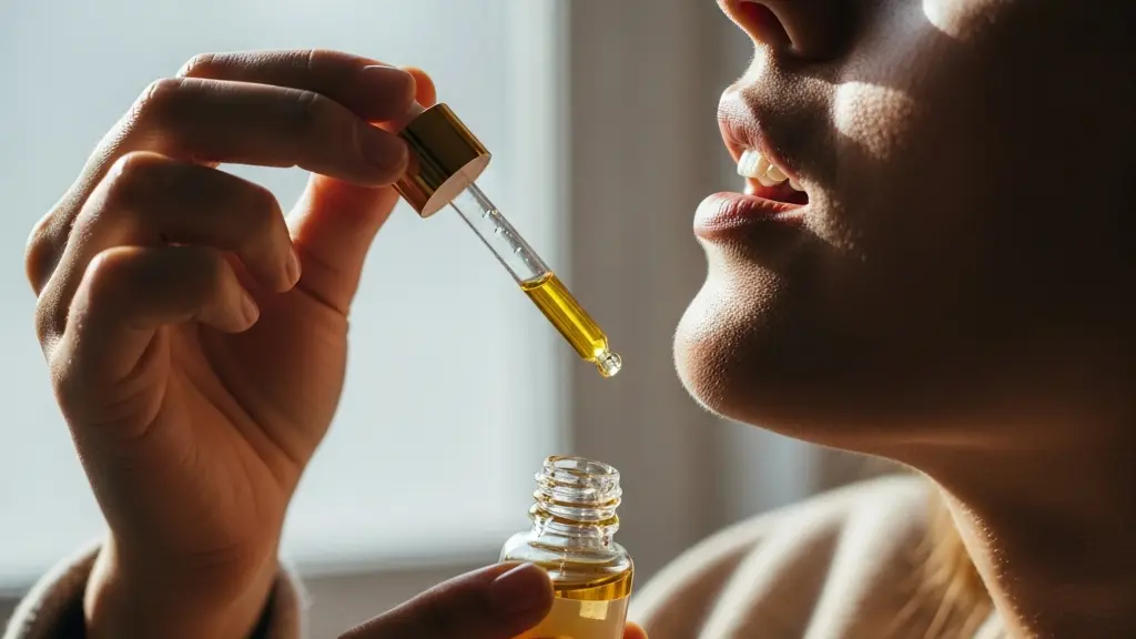 Plan rapproché d'un homme appliquant une goutte d'huile sous la langue avec une pipette, éclairage naturel et doux, rendu photographique réaliste.
