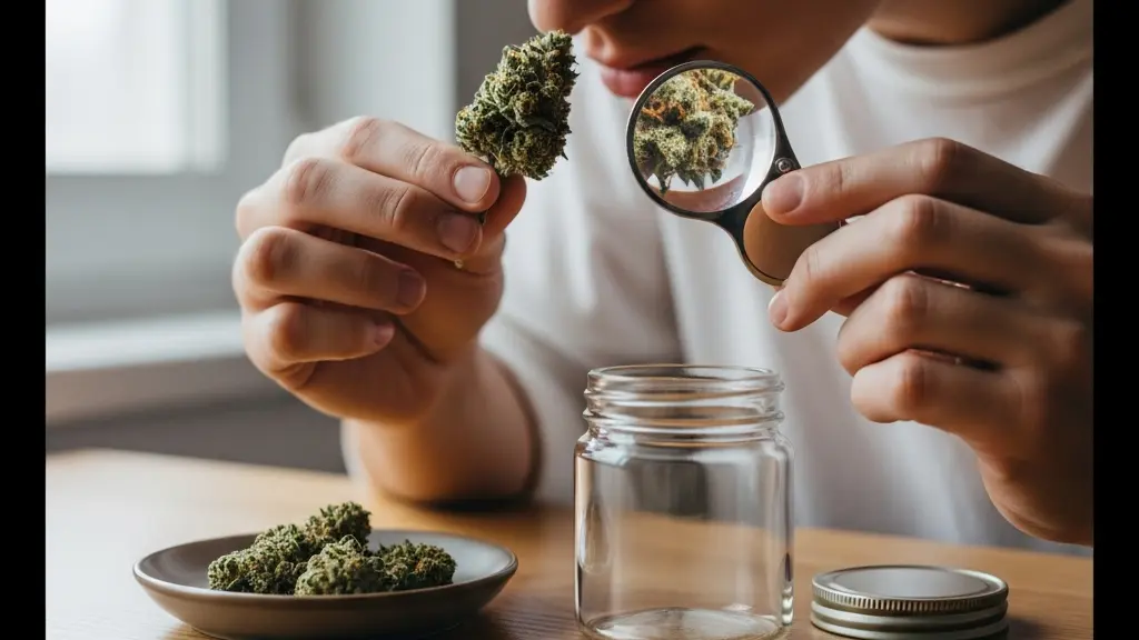Une main tient une fleur de CBD près du nez tandis qu’une loupe de bijoutier révèle les trichomes, sur une table en bois avec un bocal en verre sans étiquette.