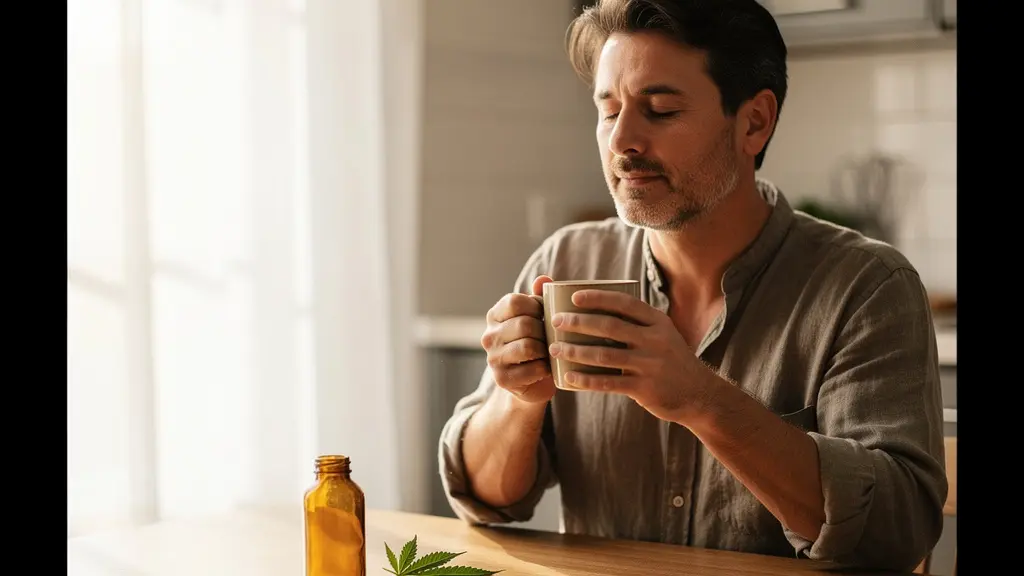 Portrait intimiste d'une personne tenant une tasse chaude dans un interieur lumineux, evoquant le rituel quotidien et la patience necessaire dans une cure de CBD