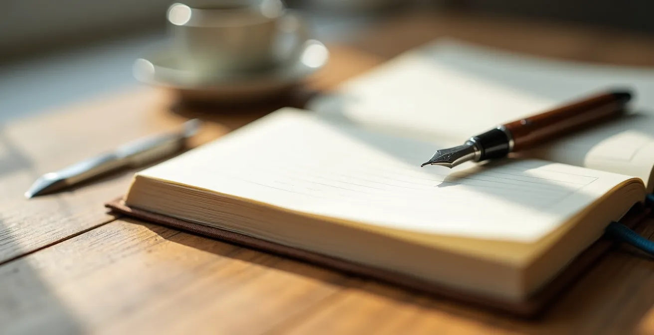 Vue macro d'un carnet de suivi personnel avec stylo posé à côté sur une table en bois naturel