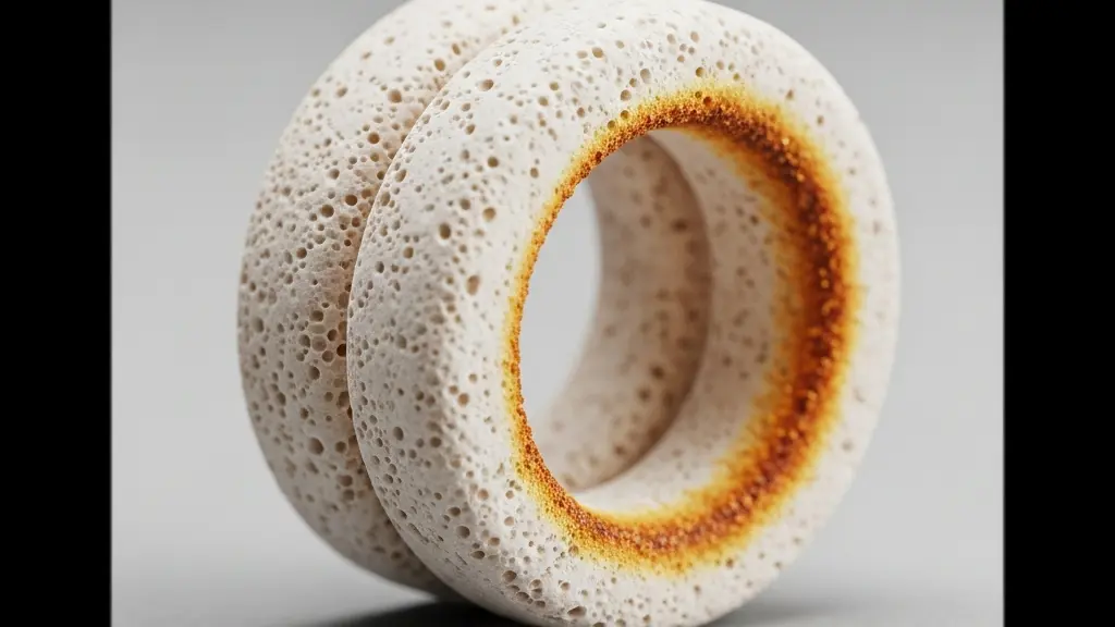 Gros plan macro d’une résistance en céramique propre et de sa texture poreuse, sur un fond neutre sans aucune marque ni texte.