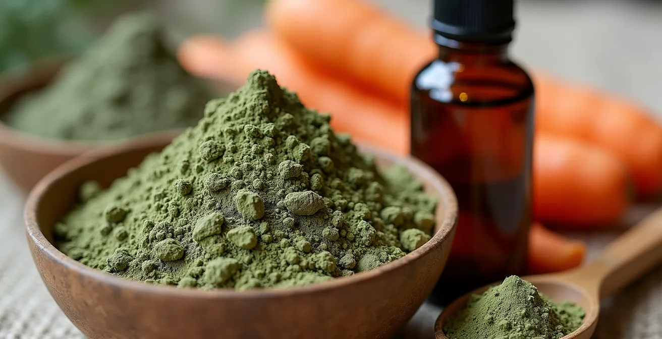 Composition d'ingrédients naturels pour masque facial avec argile verte et huile de chanvre