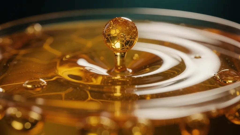 Gros plan macro sur des gouttelettes dorées d'huile suspendues dans un liquide translucide, évoquant les processus neurochimiques microscopiques du cerveau face à la nicotine et au CBD