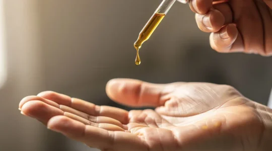 Main tenant délicatement une pipette d'huile CBD au-dessus de la paume ouverte dans une lumière douce