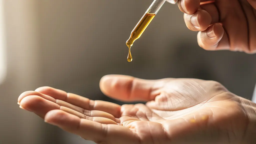 Main tenant délicatement une pipette d'huile CBD au-dessus de la paume ouverte dans une lumière douce
