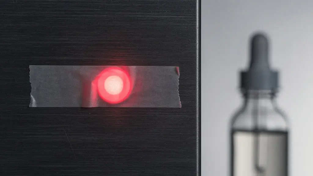 Une petite lumière rouge abstraite partiellement recouverte par un ruban adhésif, métaphore d’un signal d’alerte masqué, sur fond neutre et minimaliste.