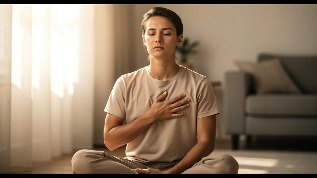 Personne assise en méditation avec une main sur le cœur surveillant ses sensations corporelles