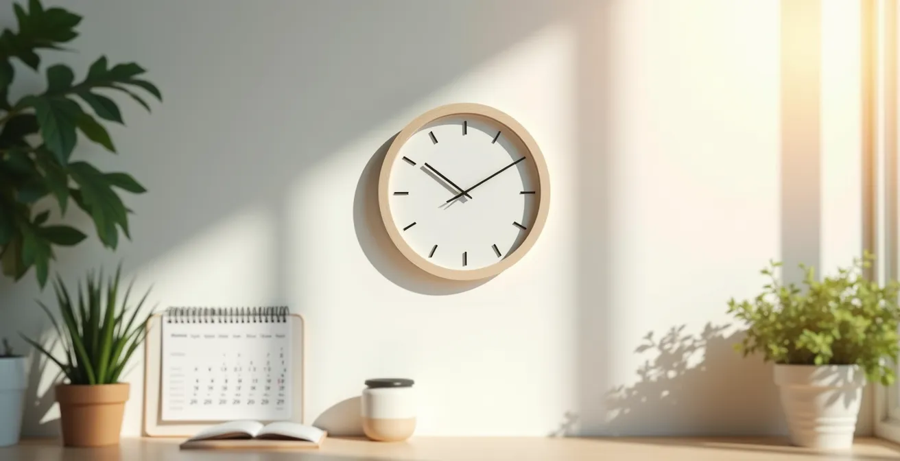Vue large d'un espace de travail épuré avec horloge murale et éléments suggérant une routine quotidienne