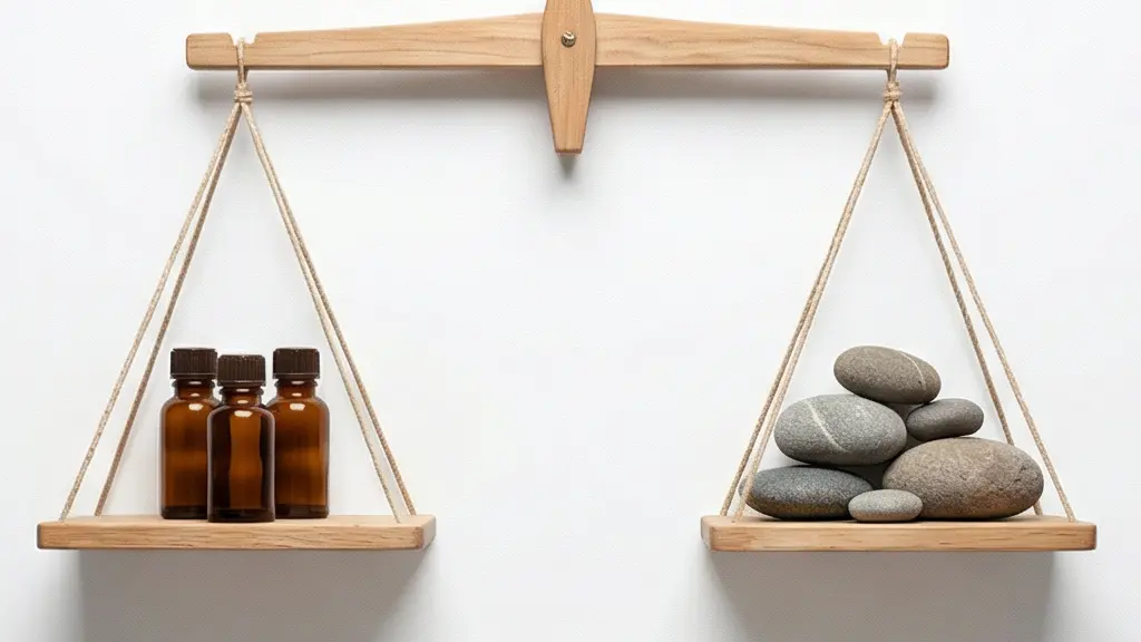 Vue aérienne minimaliste d'une balance en équilibre avec des gouttes d'huile d'un côté