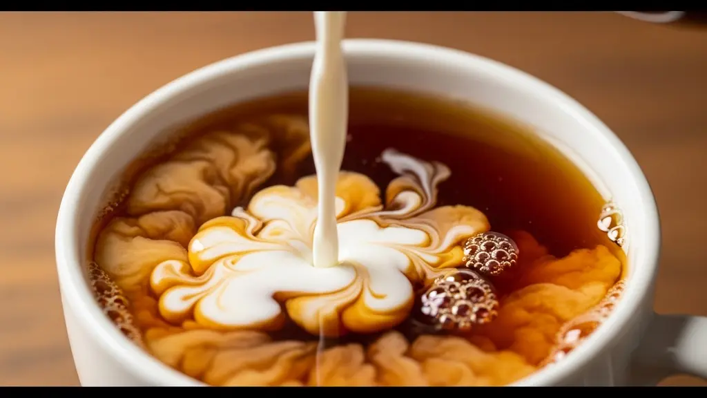 Gros plan sur une cuillère versant du lait dans une tasse de thé créant une émulsion crémeuse