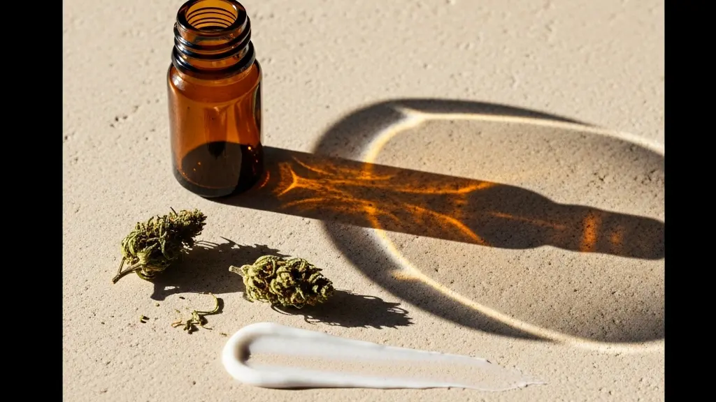 Composition symbolique montrant un flacon ambré projetant une ombre protectrice, évoquant la complémentarité entre CBD et protection solaire