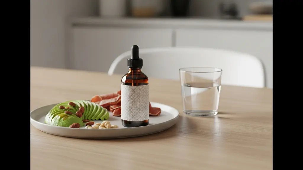 Table minimaliste avec un petit-déjeuner riche en lipides et une fiole d'huile de CBD sans marque, éclairée par une lumière du matin.