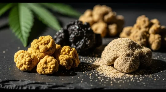 Assortiment de résines de CBD aux textures et couleurs variées, du pollen doré au hash noir