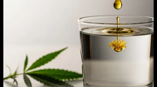 Photographie editoriale representant une goutte d'huile doree tombant au ralenti dans un verre d'eau, symbolisant la diffusion lente des cannabinoides dans l'organisme