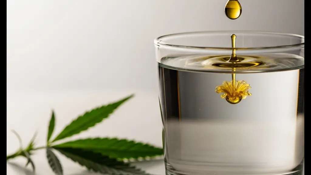 Photographie editoriale representant une goutte d'huile doree tombant au ralenti dans un verre d'eau, symbolisant la diffusion lente des cannabinoides dans l'organisme