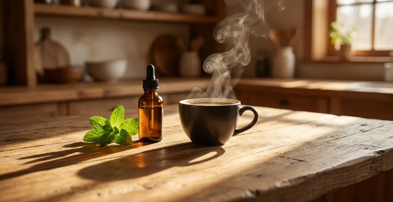 Tasse de café fumante à côté d'une fiole d'huile CBD sur une table en bois naturel