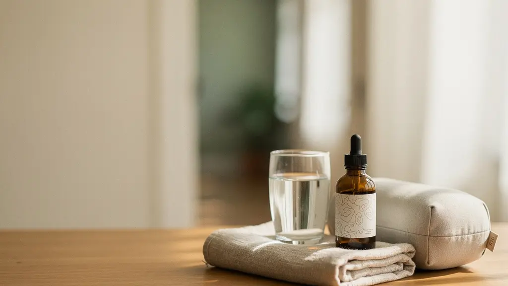 Un espace calme de préparation avant une séance, avec une bouteille d’huile de CBD sans marque, un verre d’eau et un coussin de respiration, dans une pièce minimaliste avec beaucoup d’espace vide.
