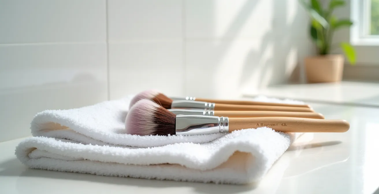 Plan rapproché de pinceaux de maquillage propres séchant sur une serviette blanche