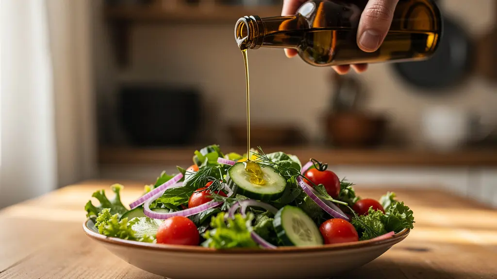 Salade fraîche avec filet huile CBD versé en finition