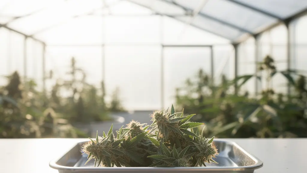 Vue large d’une serre lumineuse avec des plants de chanvre et un plateau de fleurs récoltées, suggérant l’influence de la lumière naturelle sur les arômes.