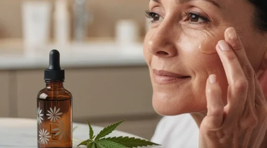 Portrait d'une femme de 45 ans appliquant un sérum avec un flacon ambré et des feuilles de chanvre