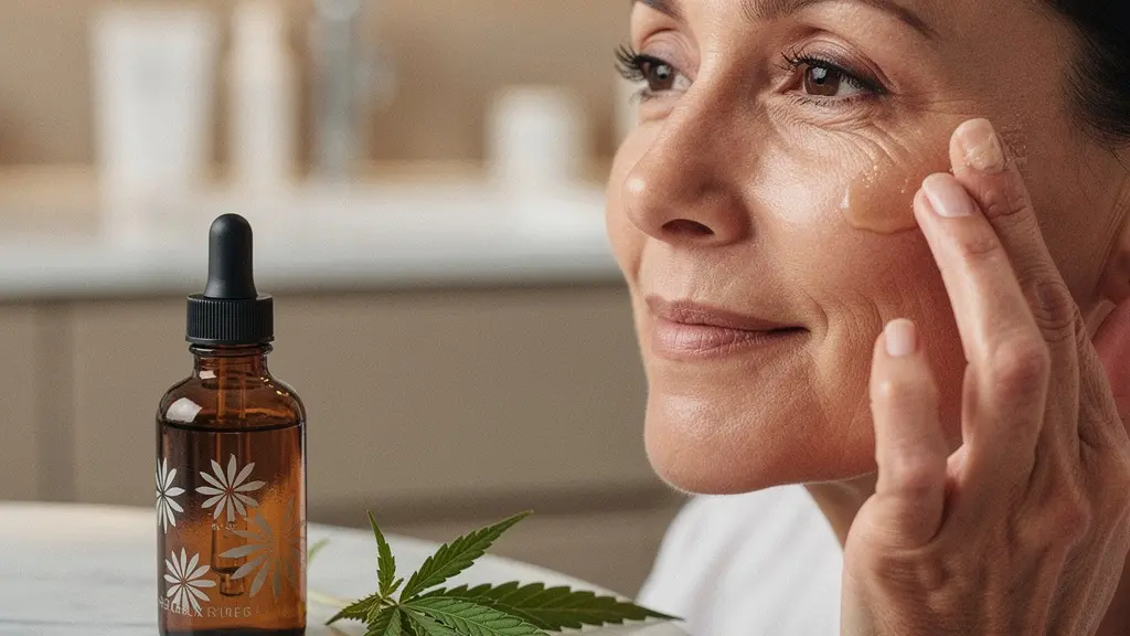 Portrait d'une femme de 45 ans appliquant un sérum avec un flacon ambré et des feuilles de chanvre