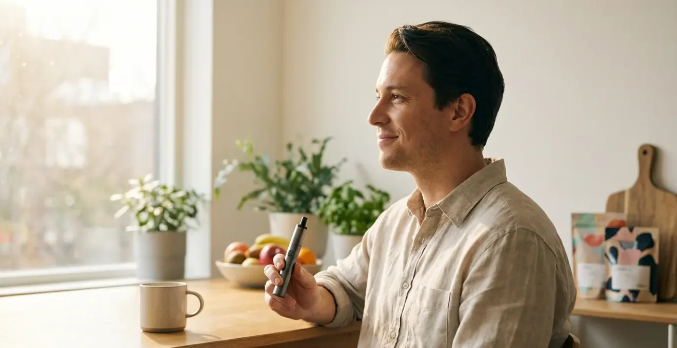 Personne sereine tenant une vapoteuse CBD dans un environnement apaisant avec plantes vertes