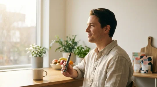 Personne sereine tenant une vapoteuse CBD dans un environnement apaisant avec plantes vertes