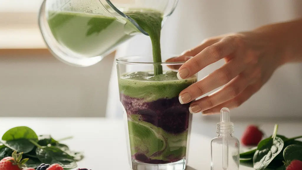 Smoothie vert au CBD avec fruits rouges dans un blender