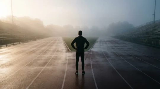 Athlète en tenue de sport face à deux chemins divergents symbolisant le choix entre performance et tabac
