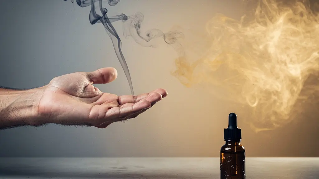 Main ouverte relâchant de la fumée qui se transforme en brume apaisante au-dessus d'un flacon ambré, symbolisant la libération de l'addiction au tabac grâce au CBD