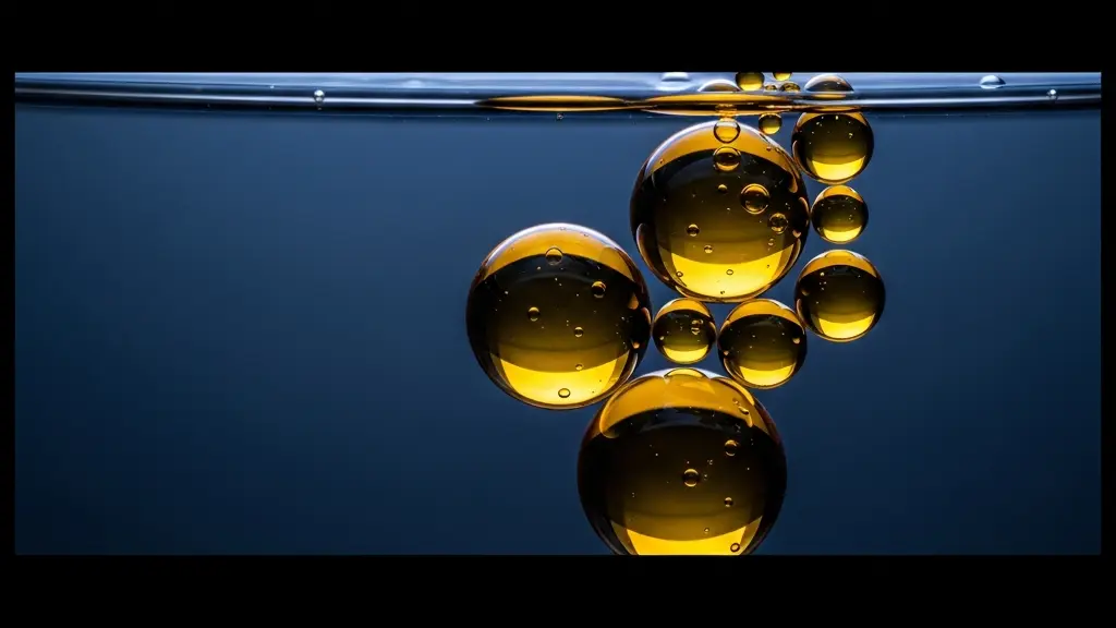 Photographie artistique symbolisant la lipophilie : des sphères d'huile dorée suspendues, refusant de se mélanger à un fond bleu aqueux.