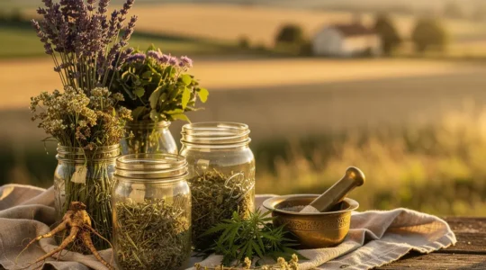 Composition harmonieuse de chanvre et de plantes médicinales françaises dans un cadre naturel