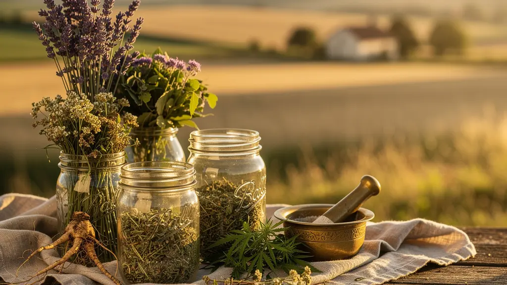 Composition harmonieuse de chanvre et de plantes médicinales françaises dans un cadre naturel