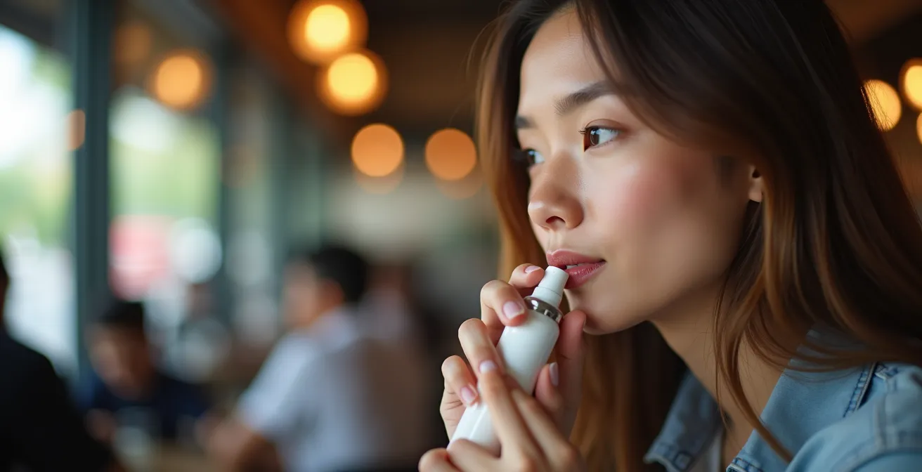 Gros plan sur une personne utilisant discrètement un spray dans un café animé
