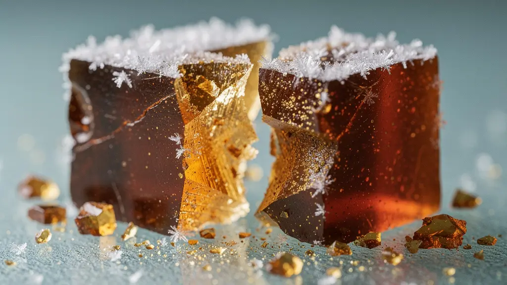 Gros plan macro sur une résine CBD ambrée se fragmentant en éclats cristallins sur une surface froide, révélant sa texture interne riche en trichomes