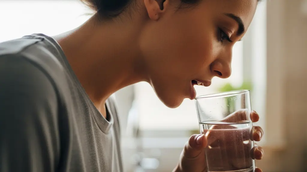 Personne penchée en avant pour avaler une capsule végétale avec verre d'eau