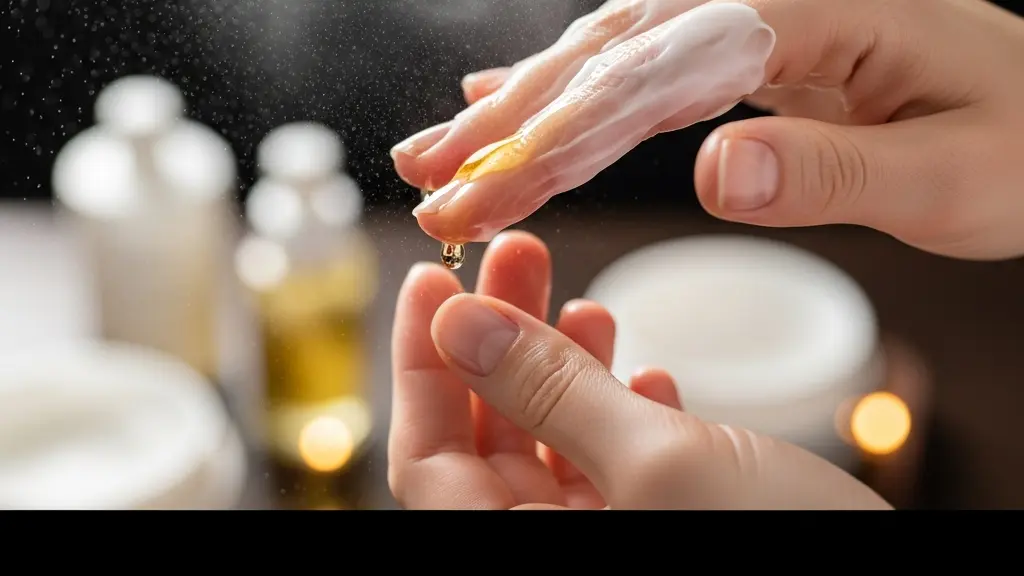 Gros plan sur les mains appliquant un sérum en technique sandwich avec brume et textures visibles