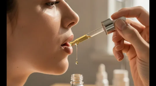 Administration sublinguale d'huile de CBD avec pipette et miroir de contrôle