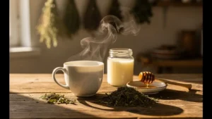 Tasse de thé fumante avec feuilles de chanvre et corps gras sur table en bois dans une ambiance apaisante