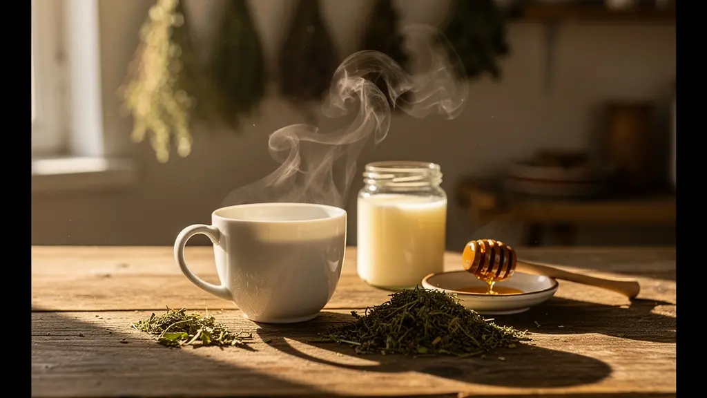 Tasse de thé fumante avec feuilles de chanvre et corps gras sur table en bois dans une ambiance apaisante