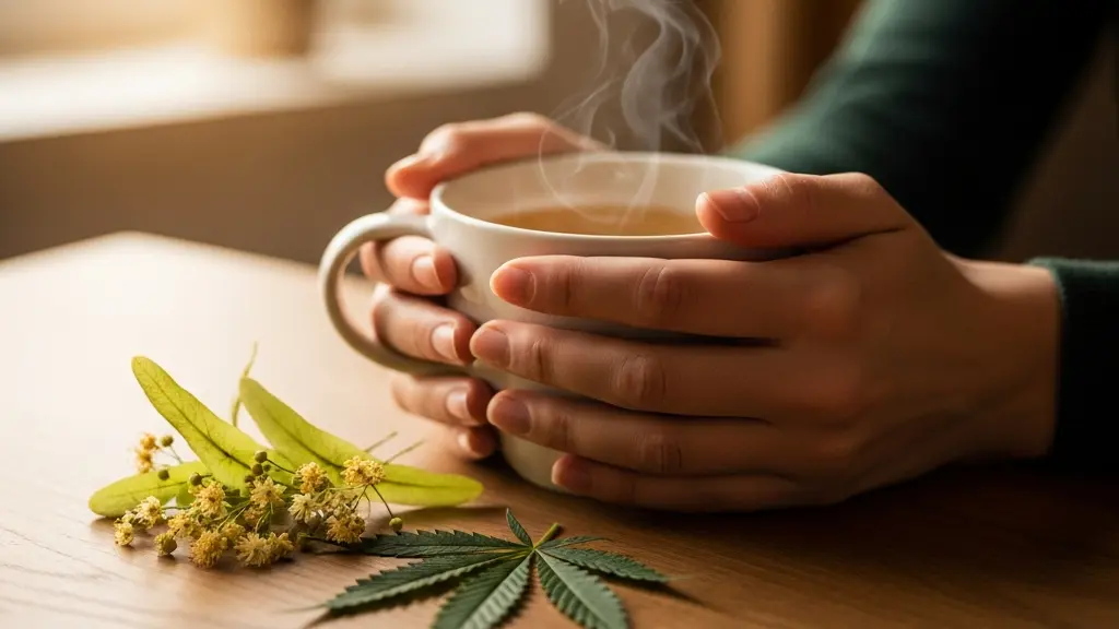 Mains tenant une tasse fumante d'infusion tilleul et CBD, avec des fleurs de tilleul séchées et du chanvre disposés sur une table en bois
